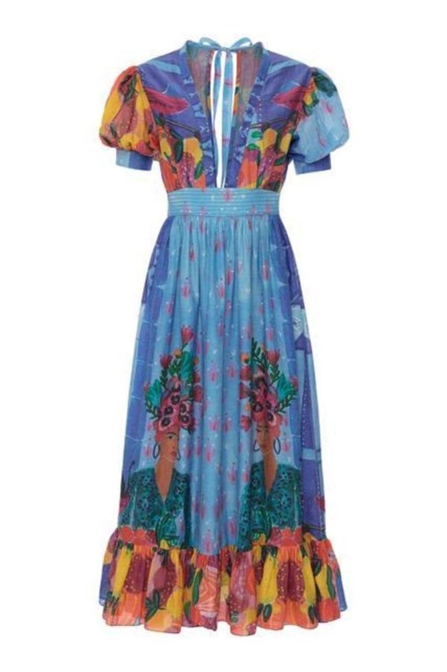 Carolina K Greta Woman Fruit Print Plunge V-Neck Puff Sleeve Colorful Art Dress